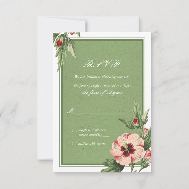 Elegant Vintage Hibiscus Floral Wedding Reply Card (Front)