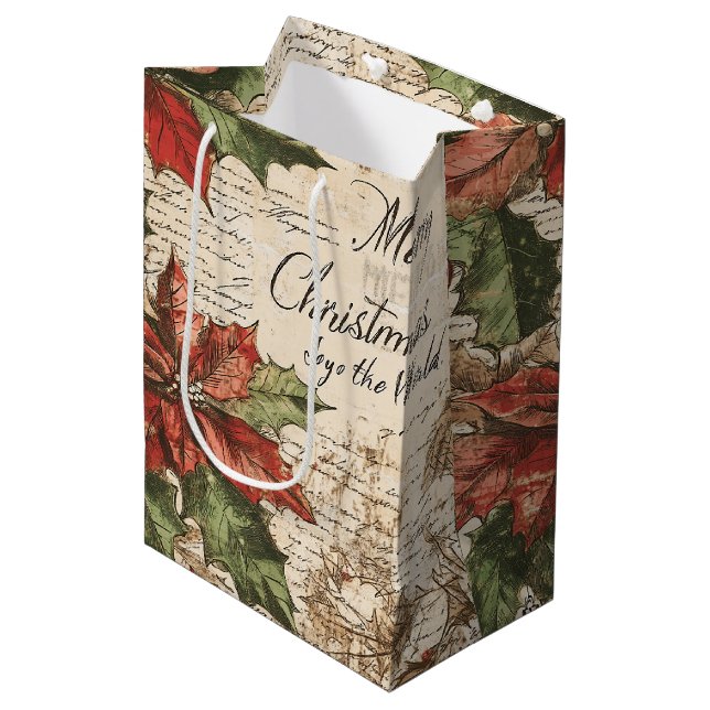Elegant Vintage Holly Christmas Pattern Medium Gift Bag (Front Angled)