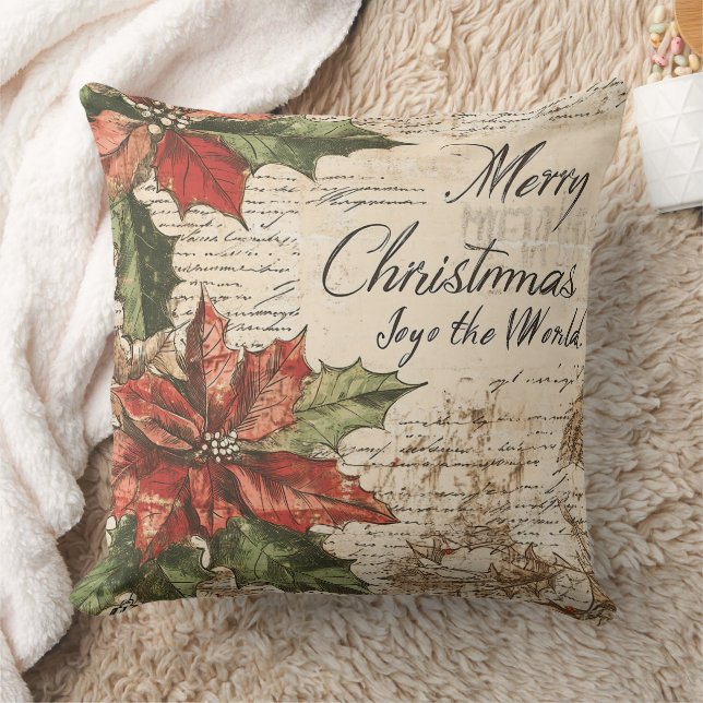 Elegant Vintage Holly Christmas Pattern Throw Pillow (Blanket)