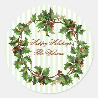 Elegant Vintage Holly Wreath Christmas Sticker