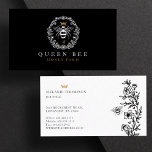 Elegant Vintage Honey Queen Bee Black & White Business Card<br><div class="desc">Elegant vintage style honey-themed business card design. The design features our own original hand-drawn vintage-style queen honey bee with an elegant golden crown above the queen bee. A beautiful rustic vintage style floral wreath frames the queen bee illustration A black background contrast beautifully with the queen bee illustration design. Customized...</div>