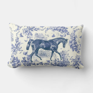 Elegant Vintage Horse Blue Floral Toile Lumbar Pillow