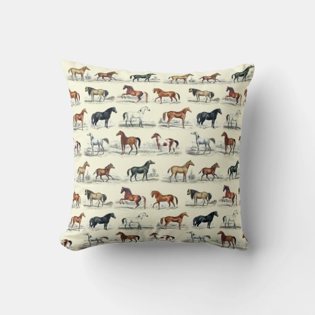Elegant Vintage Horse Breeds Pattern Throw Pillow (Front)