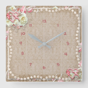 Elegant Vintage Hummingbird  White Rose Pearls Square Wall Clock