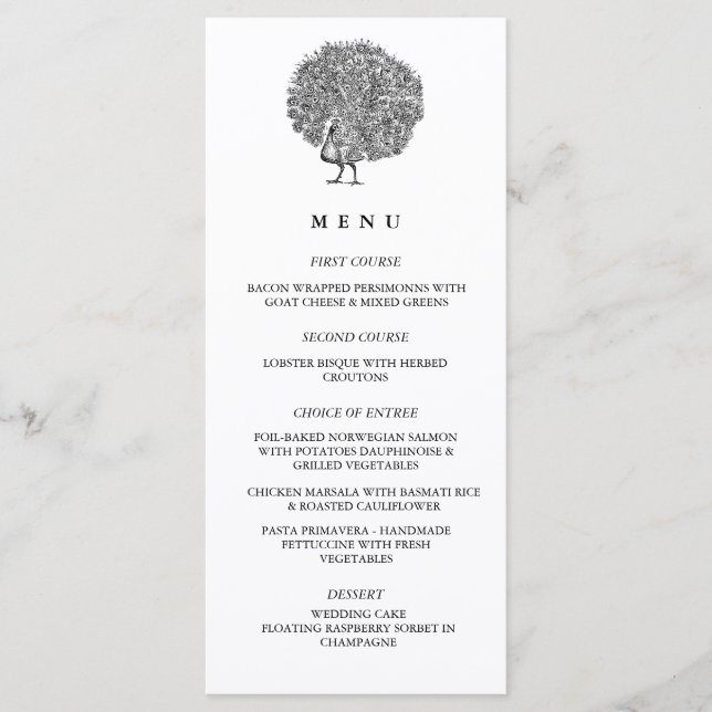 Elegant Vintage Illustration Peacock Wedding Menu (Front)