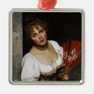 Elegant Vintage Italian Woman with a Red Fan Metal Ornament