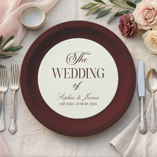 Elegant Vintage Ivory Dark Burgundy Wedding Paper Plate