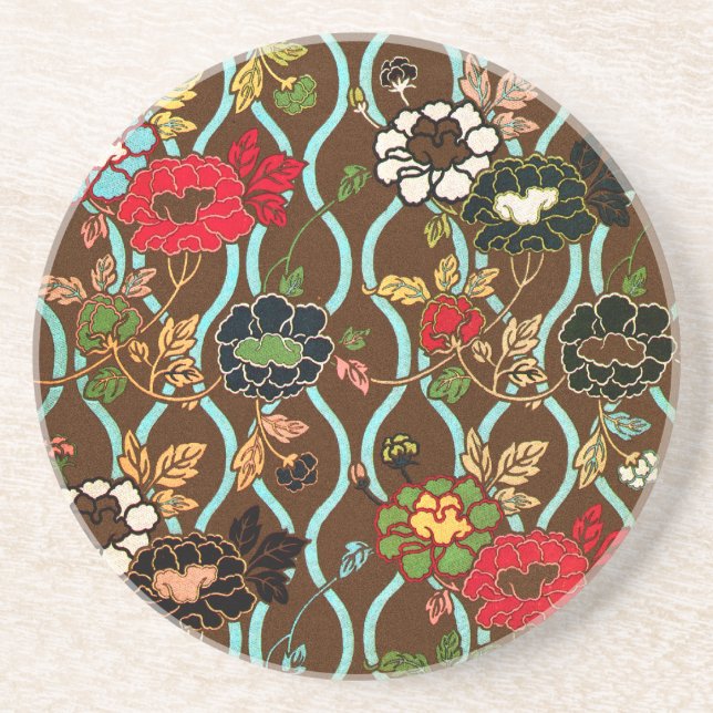 Elegant Vintage Japanese Floral Design Coaster (Front)