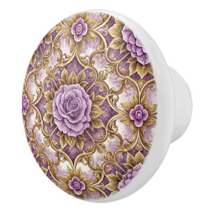 Elegant Vintage Lavender Gold Ornate Floral Design Ceramic Knob