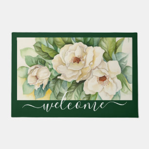 Elegant Vintage Magnolia Floral Welcome Script Doormat