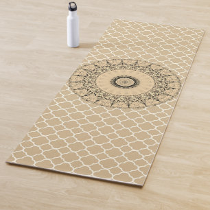 Elegant  Vintage Mandala on Tan Quatrefoil  Yoga Mat