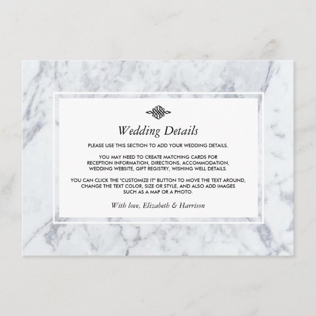 Elegant Vintage Marble Wedding Detail Enclosure Card (Front)