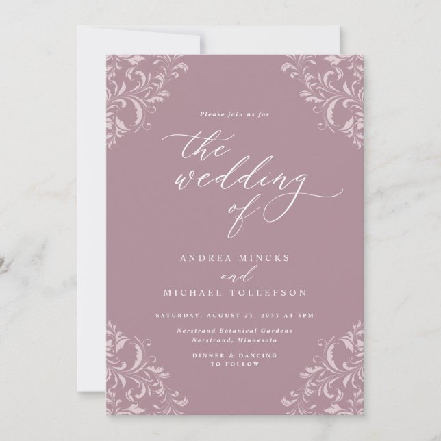 Elegant Vintage Mauve Dusty Rose Wedding Invitation (Front)