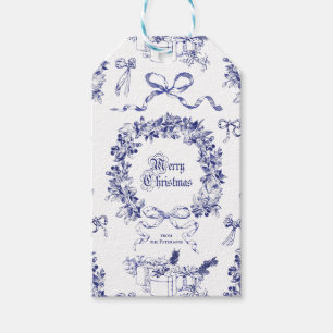 Elegant Vintage Merry Christmas Blue Wreath Bows Gift Tags