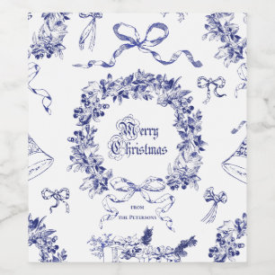 Elegant Vintage Merry Christmas  Blue Wreath Bows Wine Label