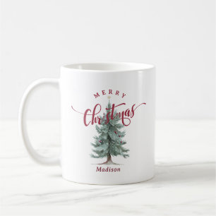 Elegant Vintage Merry Christmas Script Rustic Tree Coffee Mug