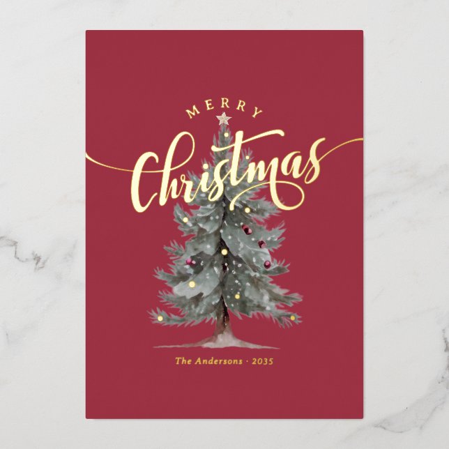 Elegant Vintage Merry Christmas Script Rustic Tree Foil Holiday Card (Front)