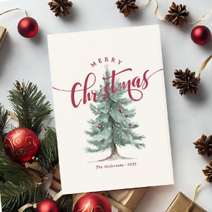Elegant Vintage Merry Christmas Script Rustic Tree Holiday Card