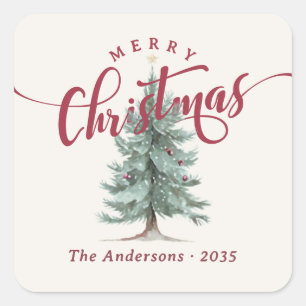 Elegant Vintage Merry Christmas Script Rustic Tree Square Sticker