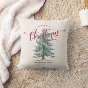 Elegant Vintage Merry Christmas Script Rustic Tree Throw Pillow