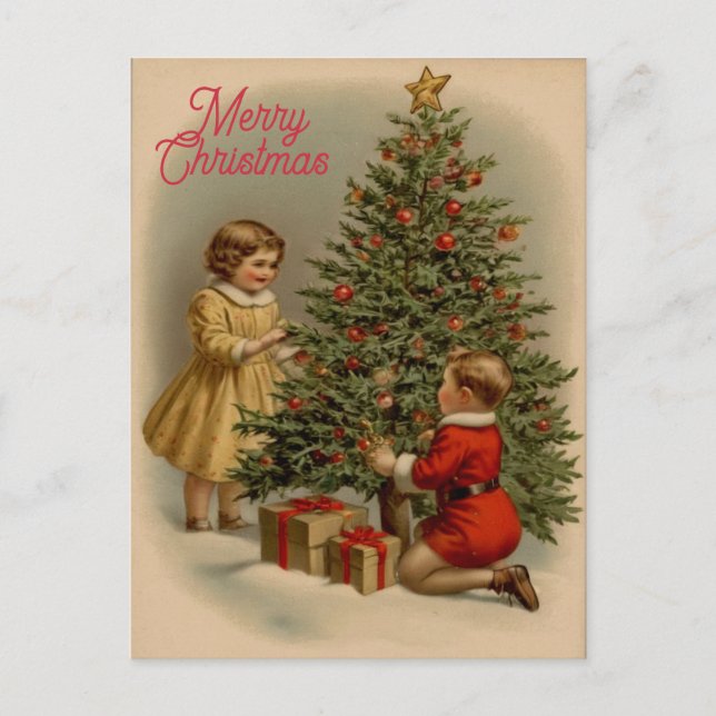 Elegant Vintage Merry Christmas Tree with Presents Postcard (Front)