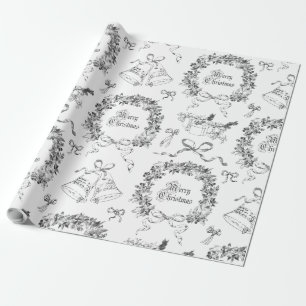 Elegant Vintage Merry Christmas Wreath Bows Toile Wrapping Paper