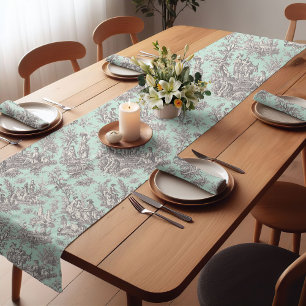 Elegant vintage mint grey toile d jouy printed short table runner
