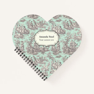 Elegant vintage mint toile de jouy heart notebook