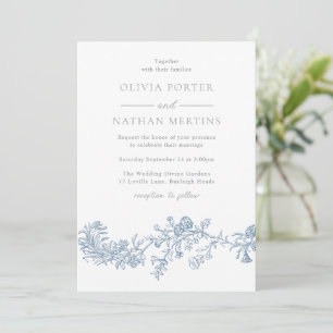 Elegant Vintage Modern Blue Floral Wedding Invitation