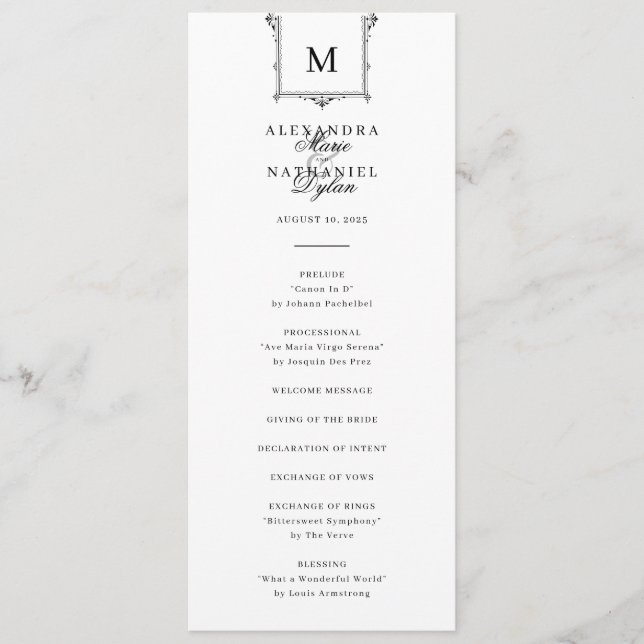 Elegant Vintage Monogram Black and White Wedding Program (Front)