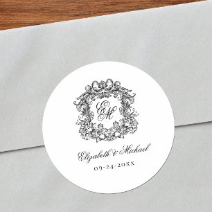 Elegant Vintage Monogram Crest Wedding Classic Round Sticker