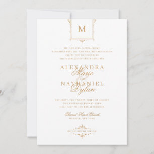 Elegant Vintage Monogram Gold and White Wedding Invitation