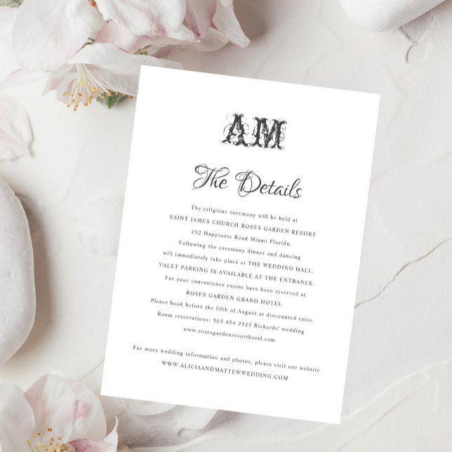 Elegant vintage monogram wedding details  enclosure card (Creator Uploaded)