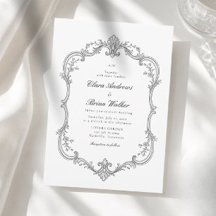Elegant Vintage Monogram Wedding White Black Invitation