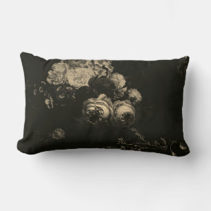 Elegant Vintage Moody Dark Beige Dutch Floral Lumbar Pillow