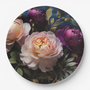 Elegant vintage moody pink magenta floral painting paper plate