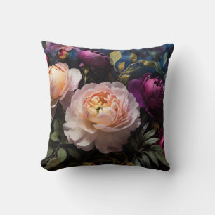 Elegant vintage moody pink magenta floral painting throw pillow
