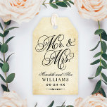 Elegant Vintage Mr and Mrs Script Custom Monogram Gift Tags<br><div class="desc">Wedding favour tags feature an elegant "Mr. & Mrs." calligraphy script design with custom monogram of the bride and groom's married name with wedding date. Two-sided black text design on rustic vintage aged parchment paper background.</div>