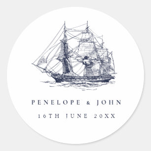 Elegant Vintage Nautical Ship Destination Wedding Classic Round Sticker