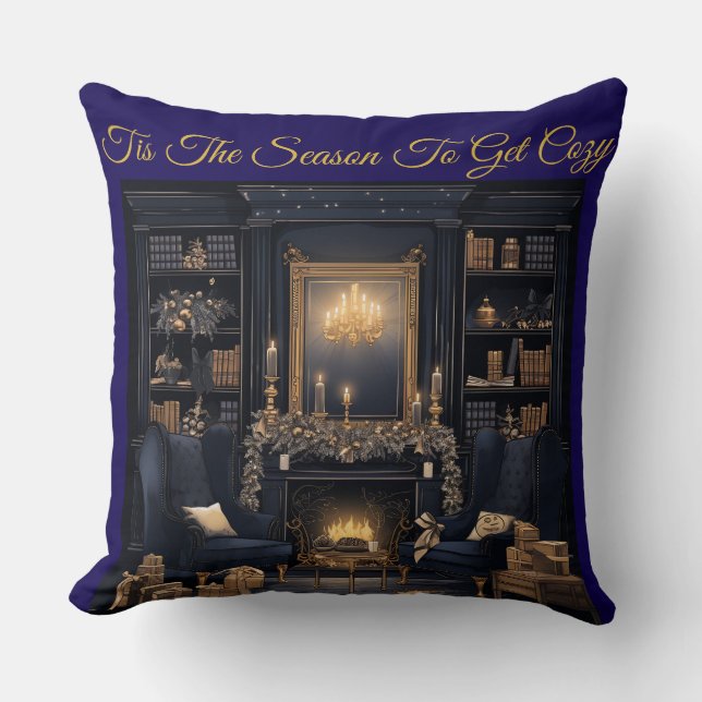 Elegant Vintage Navy Blue and Gold Throw Pillow (Front)