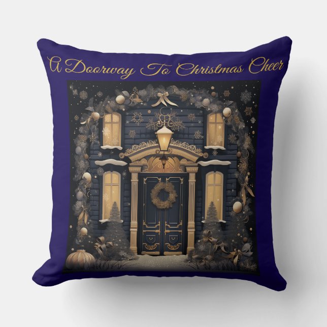 Elegant Vintage Navy Blue and Gold Throw Pillow (Front)