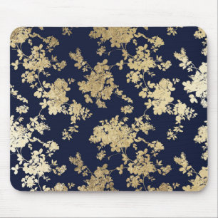 Elegant vintage navy blue faux gold flowers mouse pad