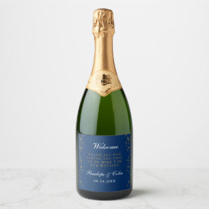 Elegant Vintage Navy Blue Wedding Welcome Basket Sparkling Wine Label