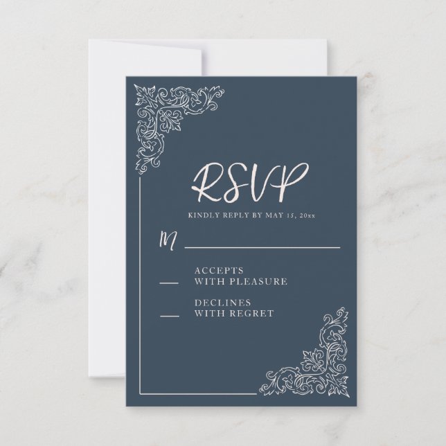 Elegant Vintage Navy Blue White Wedding RSVP (Front)