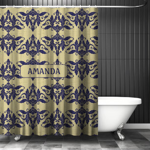 Elegant Vintage Navy Blue Yellow Damask Monogram