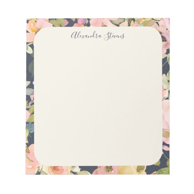 Elegant Vintage Navy Floral Personalized Name Notepad (Front)