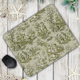 Elegant vintage olive green toile de jouy mouse pad