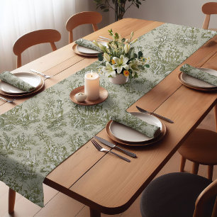 Elegant vintage olive green toile de jouy printed short table runner