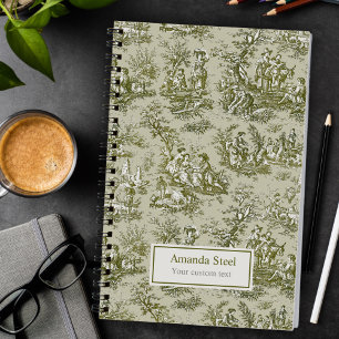 Elegant vintage olive green toile de jouy small notebook