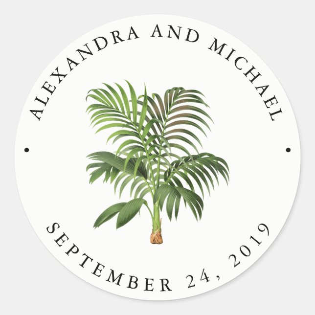 Elegant Vintage Palm Leaves | Wedding Classic Round Sticker (Front)